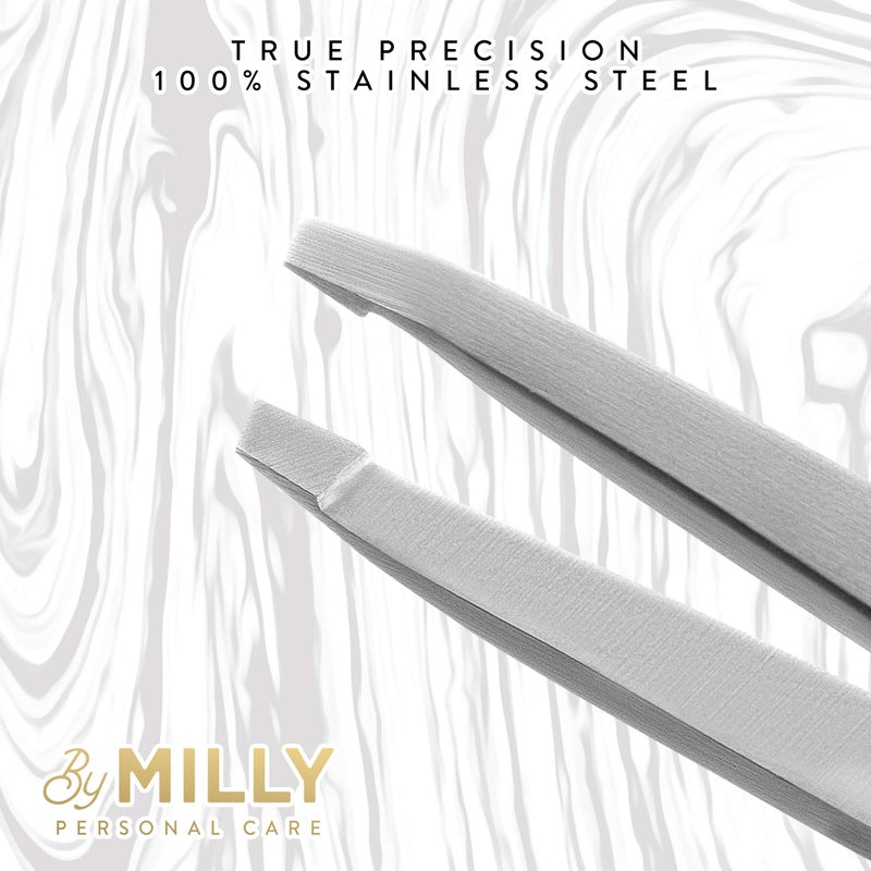 By MILLY Professional Slanted Tweezers for Women & Men | High Carbon Stainless Steel Sharp Tweezer | Tweezers for Women Facial Hair Plucking, Hand-Filed & Aligned Precision Slant Tips - Silver - Image 5